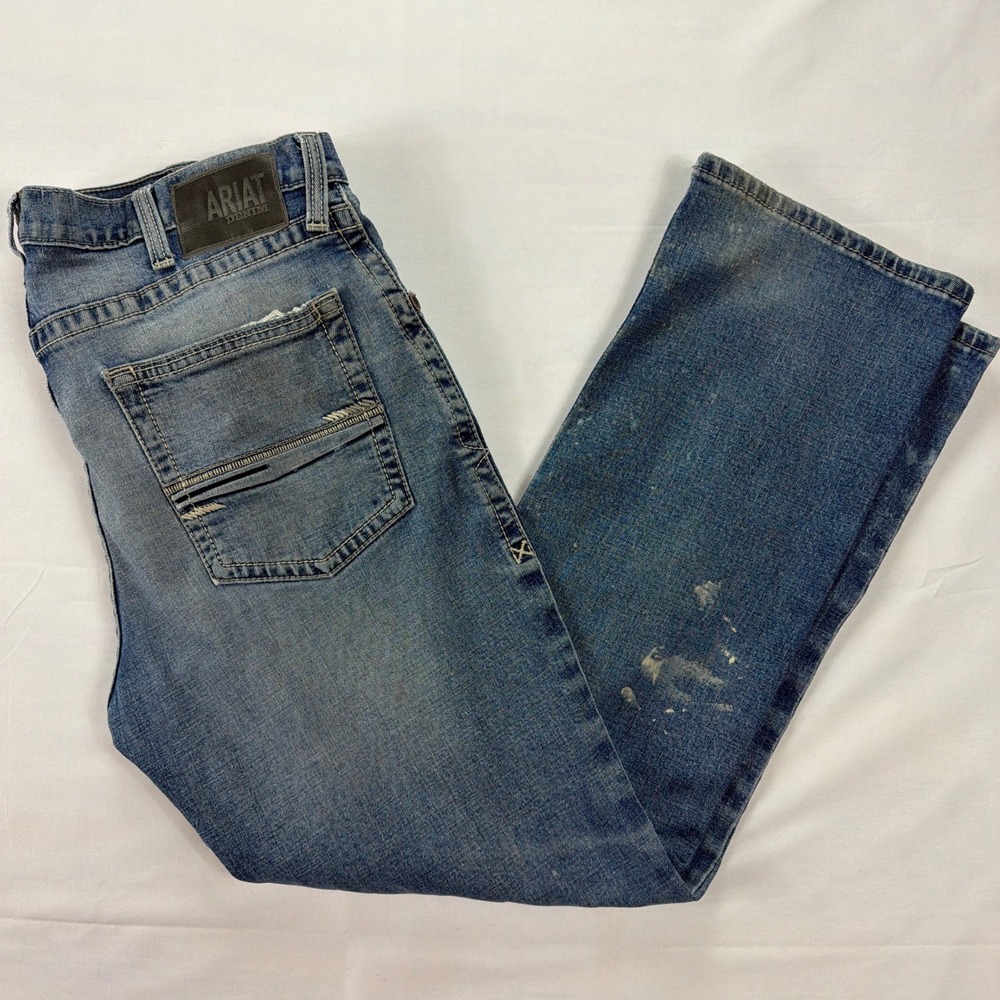 Ariat M5 Straight Leg Denim Jeans Distressed Paint Splatter 38 x 30 Blue Mens